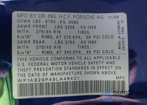 2009 Porsche Cayenne S z USA, uszkodzony, nr VIN WP1AB29P49LA46421